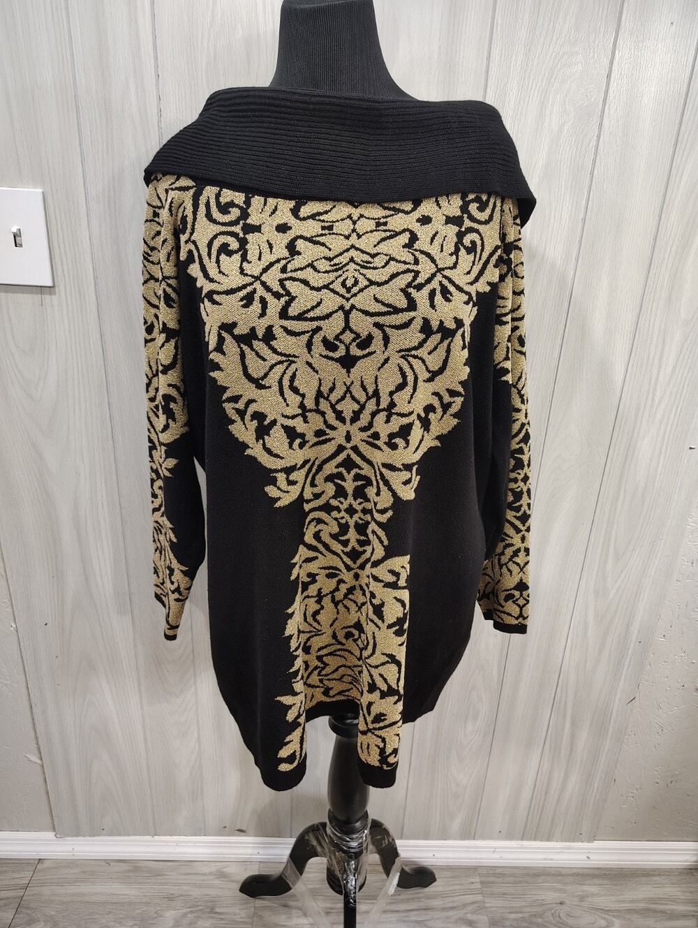 INC International Concepts Cowl Neck Black LS Sweater Gold Embroidery 2X Classy